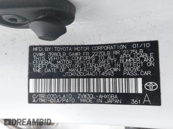 2010 Toyota Prius II with VIN JTDKN3DU4A0114593, listed as a IAAI auction lot 41597937 with 157,185 mi miles. Bid and sale history available at carsss.com. Image 9.
