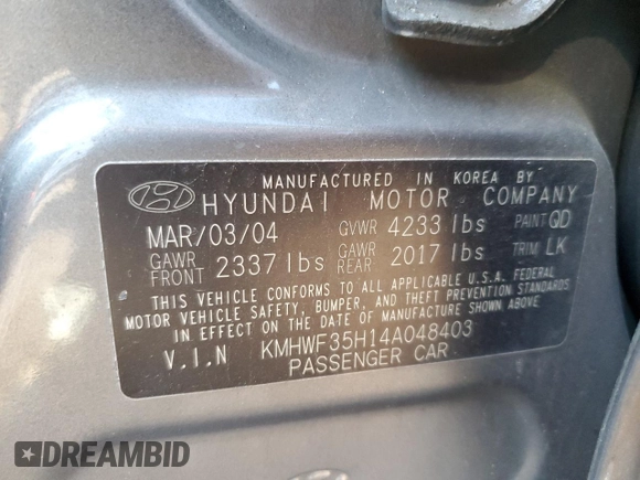 2004 Hyundai Sonata GLS with VIN KMHWF35H14A048403, listed as a Copart auction lot 50827595 with 135,006 mi miles and Salvage Title. Bid and sale history available at carsss.com. Image 12.