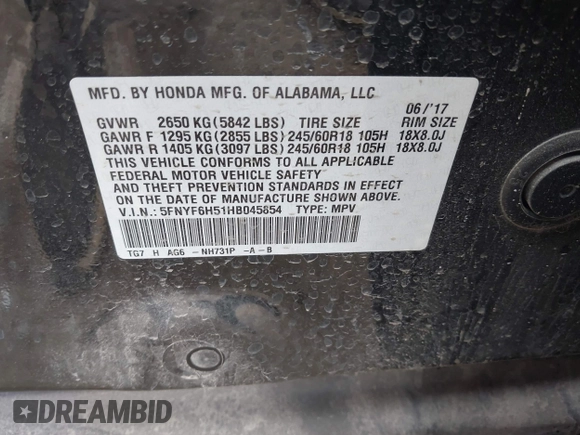 2017 Honda Pilot EX-L with VIN 5FNYF6H51HB045854, listed as a IAAI auction lot 42178053 with 114,913 mi miles and . Bid and sale history available at DreamBid. Image 9.