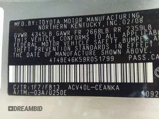 2009 Toyota Camry with VIN 4T4BE46K59R051799, listed as a IAAI auction lot 41834347 with 115,669 mi miles and . Bid and sale history available at carsss.com. Image 9.