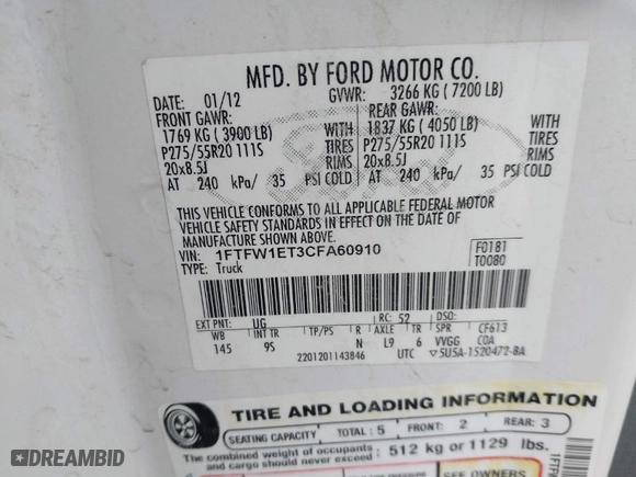 2012 Ford F-150 XL with VIN 1FTFW1ET3CFA60910, listed as a IAAI auction lot 41363846 with NaN miles. Bid and sale history available at carsss.com. Image 9.