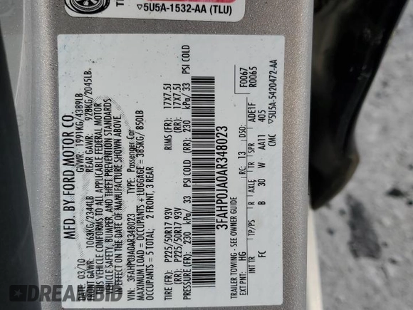 2010 Ford Fusion SEL with VIN 3FAHP0JA0AR348023, listed as a Copart auction lot 53268775 with 74,172 mi miles and Non Repairable. Bid and sale history available at carsss.com. Image 13.