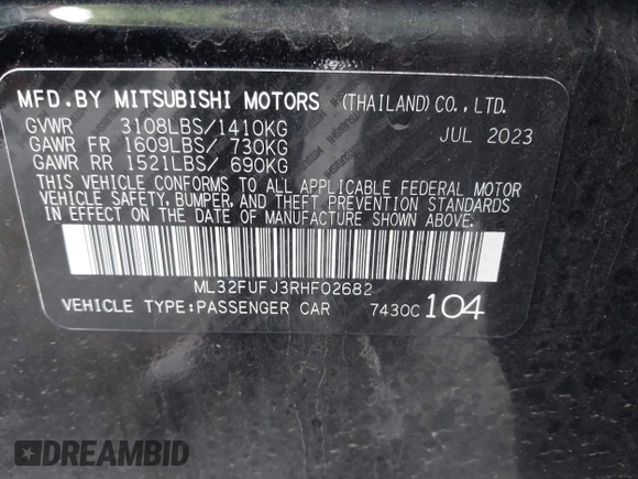 2024 Mitsubishi Mirage ES with VIN ML32FUFJ3RHF02682, listed as a IAAI auction lot 39063166 with 8,701 mi miles and . Bid and sale history available at DreamBid. Image 9.
