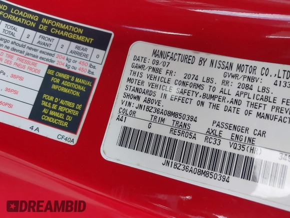 2008 Nissan 350Z Touring with VIN JN1BZ36A08M850394, listed as a IAAI auction lot 42063210 with 108,249 mi miles. Bid and sale history available at carsss.com. Image 9.