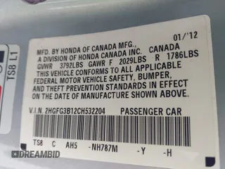 2012 Honda Civic Cpe EX-L with VIN 2HGFG3B12CH532204, listed as a IAAI auction lot 42038754 with 190,675 mi miles. Bid and sale history available at carsss.com. Image 9.
