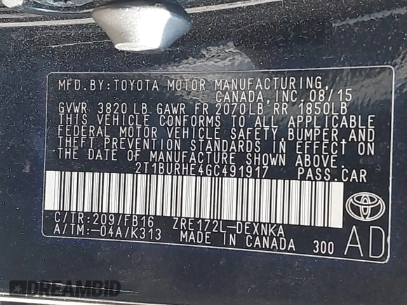 2016 Toyota Corolla L z VIN 2T1BURHE4GC491917, wystawiony jako IAAI lot #42046331 z przebiegiem 139 703 mil mil oraz . Historia ofert i sprzedaży dostępna na DreamBid. Obrazek 9.