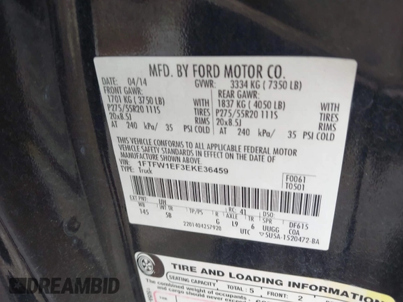 2014 Ford F-150 XL with VIN 1FTFW1EF3EKE36459, listed as a IAAI auction lot 42586873 with 248,358 mi miles and . Bid and sale history available at DreamBid. Image 9.