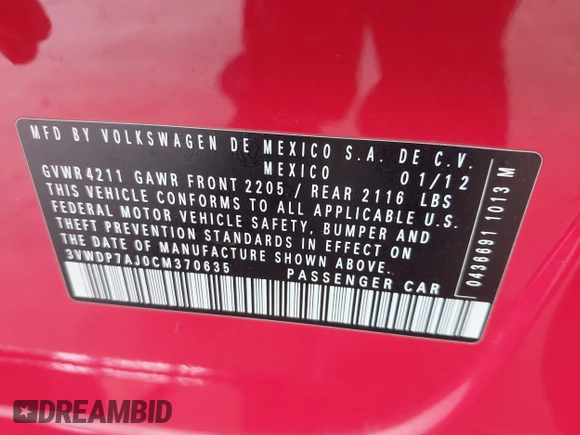 2012 Volkswagen Jetta SE z VIN 3VWDP7AJ0CM370635, wystawiony jako IAAI lot #42458308 z przebiegiem 183 142 mil mil oraz . Historia ofert i sprzedaży dostępna na DreamBid. Obrazek 9.
