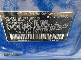 2020 Subaru WRX with VIN JF1VA1A60L9827899, listed as a IAAI auction lot 42121010 with Not provided miles and . Bid and sale history available at DreamBid. Image 9.