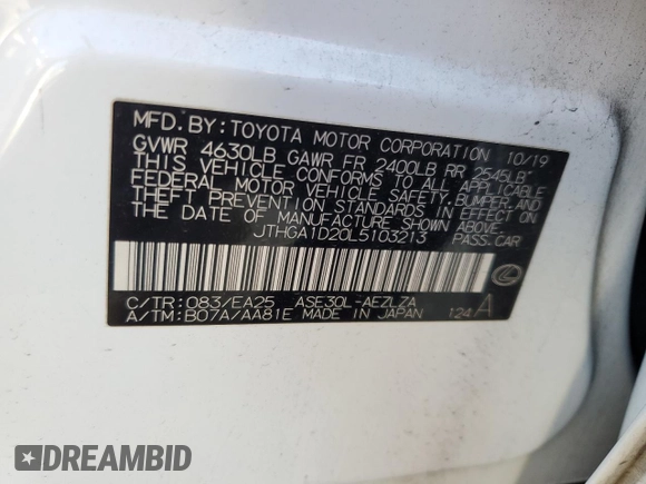2020 Lexus IS 300 F Sport with VIN JTHGA1D20L5103213, listed as a Copart auction lot 89159195 with 42,803 mi miles and Salvage title. Bid and sale history available at DreamBid. Image 12.