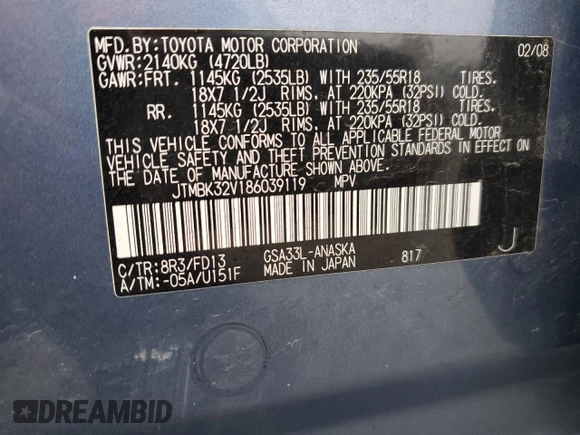 2008 Toyota RAV4 Sport with VIN JTMBK32V186039119, listed as a Copart auction lot 59575345 with 155,384 mi miles and Salvage title. Bid and sale history available at DreamBid. Image 14.