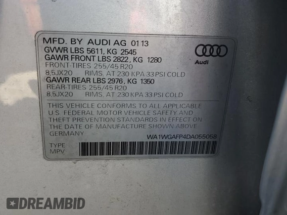 2013 Audi Q5 Prestige with VIN WA1WGAFP4DA055058, listed as a Copart auction lot 45501495 with 117,027 mi miles and Salvage title. Bid and sale history available at DreamBid. Image 14.