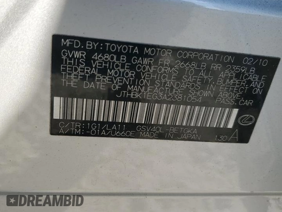 2010 Lexus ES 330 with VIN JTHBK1EG3A2381054, listed as a Copart auction lot 47558265 with 150,781 mi miles and Salvage Title. Bid and sale history available at DreamBid. Image 14.