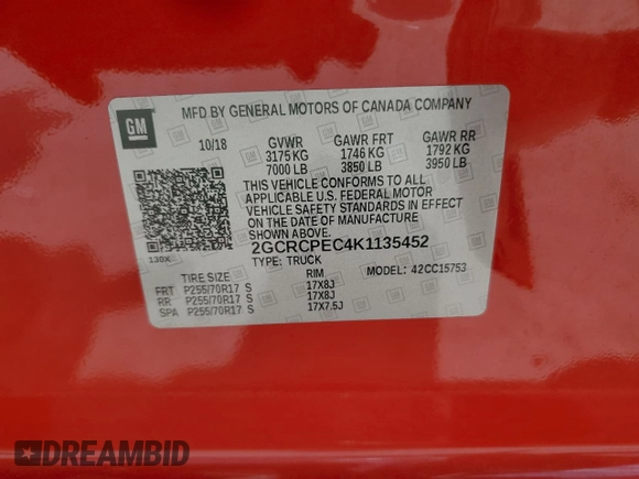 2019 Chevrolet Silverado 1500 LT with VIN 2GCRCPEC4K1135452, listed as a Copart auction lot 55543834 with 68,847 mi miles and Non Repairable. Bid and sale history available at DreamBid. Image 14.