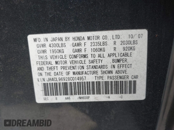 2008 Acura TSX Nav with VIN JH4CL96928C014957, listed as a IAAI auction lot 42072081 with 252,697 mi miles and . Bid and sale history available at DreamBid. Image 9.