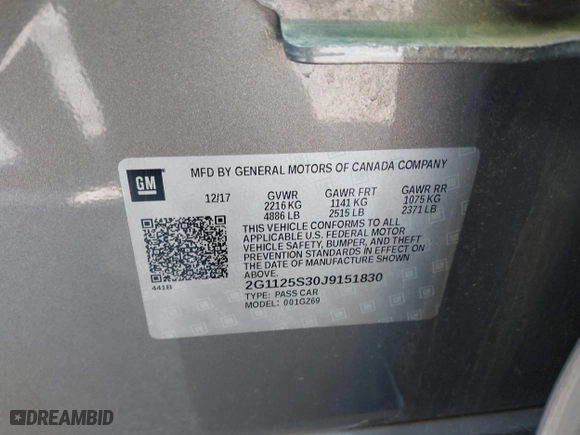 2018 Chevrolet Impala Premier with VIN 2G1125S30J9151830, listed as a IAAI auction lot 41751514 with 89,180 mi miles. Bid and sale history available at carsss.com. Image 9.