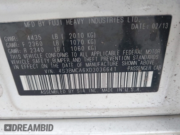 2013 Subaru Legacy 2.5i with VIN 4S3BMCA6XD3036641, listed as a IAAI auction lot 41947053 with 130,645 mi miles and . Bid and sale history available at DreamBid. Image 9.