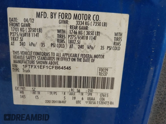 2012 Ford F-150 XL with VIN 1FTFX1EF1CFB64545, listed as a IAAI auction lot 39879089 with 1 mi miles. Bid and sale history available at carsss.com. Image 9.