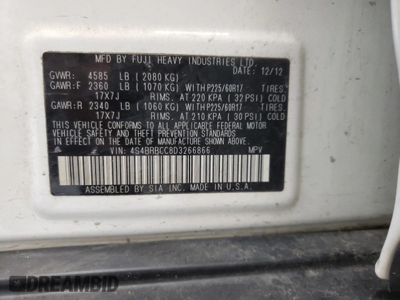 2013 Subaru Outback 2.5i Premium with VIN 4S4BRBCC8D3266866, listed as a Copart auction lot 62514984 with 181,825 mi miles and Clean Title. Bid and sale history available at carsss.com. Image 12.