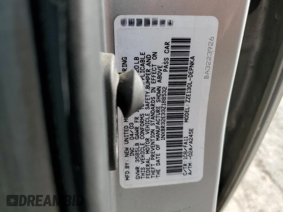 2003 Toyota Corolla CE with VIN 1NXBR32E33Z188532, listed as a Copart auction lot 54832785 with 104,640 mi miles and Salvage Title. Bid and sale history available at DreamBid. Image 13.