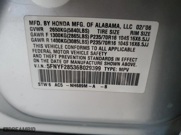 2006 Honda Pilot EX-L with VIN 5FNYF28536B029399, listed as a Copart auction lot 45531755 with 166,204 mi miles and Salvage Title. Bid and sale history available at carsss.com. Image 15.