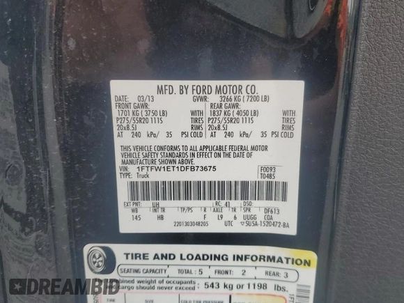 2013 Ford F-150 XL с VIN 1FTFW1ET1DFB73675, выставлен на аукционе Copart как лот 62028965 с пробегом 204 253 миль миль и Списание • Salvage title. История ставок и продаж доступна на DreamBid. Изображение 12.