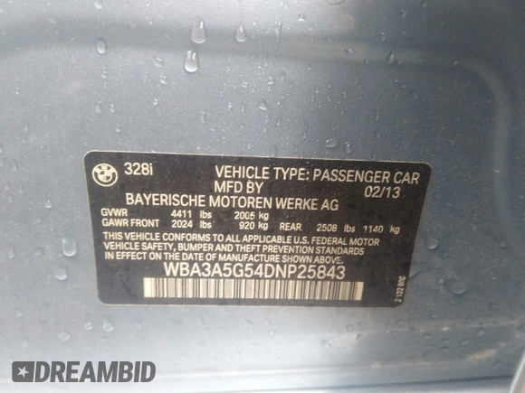 2013 BMW 3 Series 328i with VIN WBA3A5G54DNP25843, listed as a IAAI auction lot 39515836 with 104,045 mi miles. Bid and sale history available at carsss.com. Image 9.