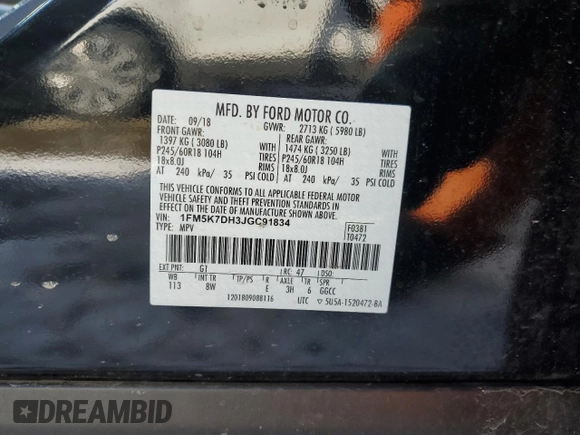 2018 Ford Explorer XLT with VIN 1FM5K7DH3JGC91834, listed as a Copart auction lot 46108495 with 67,092 mi miles and Salvage Title. Bid and sale history available at DreamBid. Image 16.