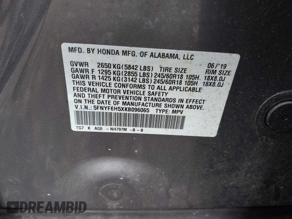 2019 Honda Pilot EX-L with VIN 5FNYF6H5XKB096065, listed as a IAAI auction lot 42631239 with 171,768 mi miles and . Bid and sale history available at DreamBid. Image 9.