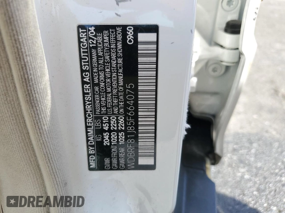 2005 Mercedes-Benz C 240 with VIN WDBRF81J85F664075, listed as a Copart auction lot 54221705 with Not provided miles and Salvage title. Bid and sale history available at DreamBid. Image 12.