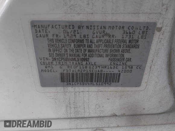 2021 Nissan Kicks S with VIN 3N1CP5BV4ML510992, listed as a IAAI auction lot 41907512 with 59,380 mi miles and . Bid and sale history available at DreamBid. Image 9.