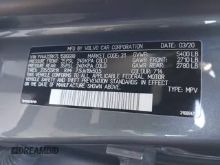 2020 Volvo XC60 Momentum with VIN YV4A22RK7L1586688, listed as a IAAI auction lot 41257331 with 38,393 mi miles and . Bid and sale history available at DreamBid. Image 9.