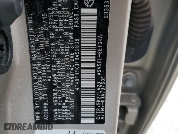 2015 Toyota Camry XLE with VIN 4T4BF1FK3FR492838, listed as a Copart auction lot 52785275 with 140,047 mi miles and Salvage Title. Bid and sale history available at carsss.com. Image 13.