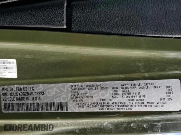 2021 Jeep Wrangler Unlimited Sport S with VIN 1C4HJXDG2MW712223, listed as a Copart auction lot 51466465 with 54,032 mi miles and Salvage Title. Bid and sale history available at carsss.com. Image 15.