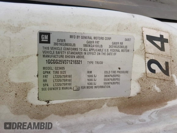 2007 Chevrolet Express Cargo with VIN 1GCGG25V371218321, listed as a IAAI auction lot 42638327 with Not provided miles and . Bid and sale history available at DreamBid. Image 9.
