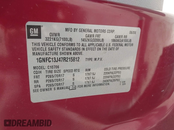 2007 Chevrolet Tahoe LT with VIN 1GNFC13J47R215812, listed as a IAAI auction lot 41794601 with 229,970 mi miles and . Bid and sale history available at DreamBid. Image 9.