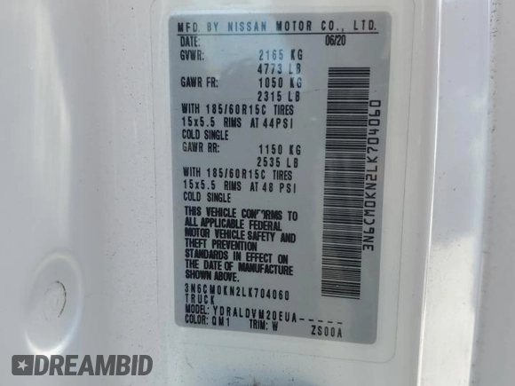 2020 Nissan NV200 SV with VIN 3N6CM0KN2LK704060, listed as a Copart auction lot 48397785 with 64,235 mi miles and Salvage title. Bid and sale history available at DreamBid. Image 13.
