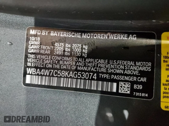 2019 BMW 4 Series 440i z VIN WBA4W7C58KAG53074, wystawiony jako Copart lot #54901475 z przebiegiem 56 521 mil mil oraz Szkoda całkowita • Salvage title. Historia ofert i sprzedaży dostępna na DreamBid. Obrazek 12.