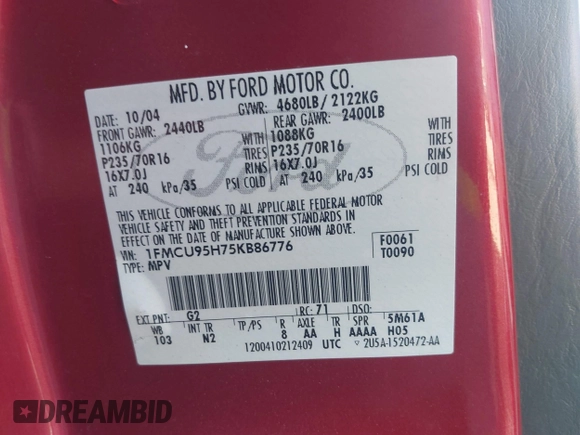 2005 Ford Escape Hybrid with VIN 1FMCU95H75KB86776, listed as a IAAI auction lot 42533697 with 166,242 mi miles and . Bid and sale history available at DreamBid. Image 9.