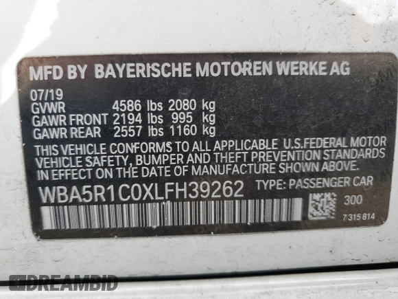 2020 BMW 3 Series 330i with VIN WBA5R1C0XLFH39262, listed as a Copart auction lot 57398585 with 55,456 mi miles and Salvage title. Bid and sale history available at DreamBid. Image 13.