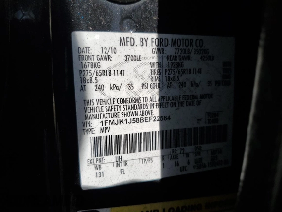2011 Ford Expedition Max XLT with VIN 1FMJK1J58BEF22584, listed as a Copart auction lot 55484905 with 191,386 mi miles and Clean title. Bid and sale history available at DreamBid. Image 13.