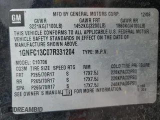 2007 Chevrolet Tahoe LS с VIN 1GNFC13C07R331204, выставлен на аукционе Copart как лот 53524505 с пробегом 256 592 миль миль и Чистый • Clean title. История ставок и продаж доступна на DreamBid. Изображение 13.