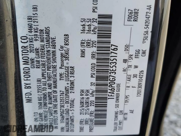 2014 Ford Fusion S с VIN 1FA6P0G73E5351767, выставлен на аукционе Copart как лот 50551035 с пробегом 183 659 миль миль и Списание • Salvage title. История ставок и продаж доступна на DreamBid. Изображение 14.