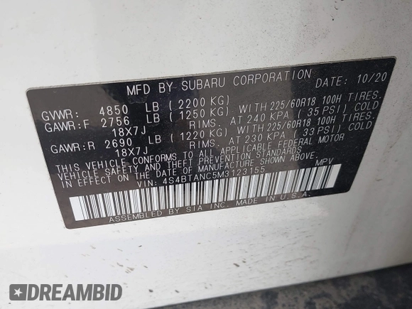 2021 Subaru Outback Limited с VIN 4S4BTANC5M3123155, выставлен на аукционе IAAI как лот 42319069 с пробегом 33 736 миль миль и . История ставок и продаж доступна на DreamBid. Изображение 9.