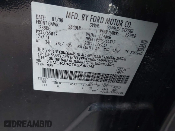 2008 Ford Edge SEL z VIN 2FMDK38C78BA48645, wystawiony jako IAAI lot #41164008 z przebiegiem 175 459 mil mil oraz . Historia ofert i sprzedaży dostępna na DreamBid. Obrazek 9.