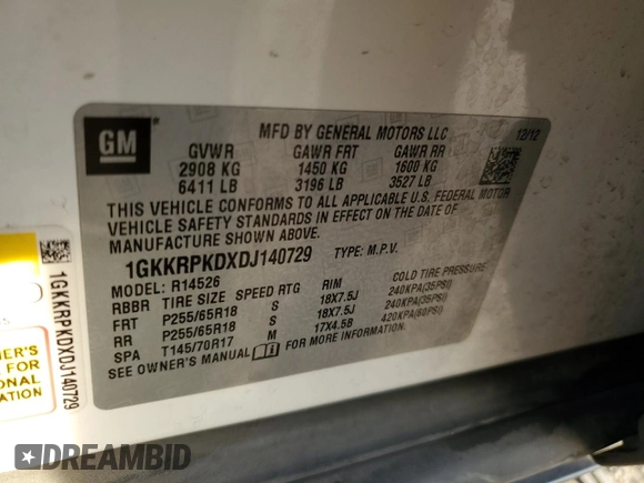 2013 GMC Acadia SLE with VIN 1GKKRPKDXDJ140729, listed as a Copart auction lot 45219155 with 171,903 mi miles and Salvage Title. Bid and sale history available at DreamBid. Image 13.