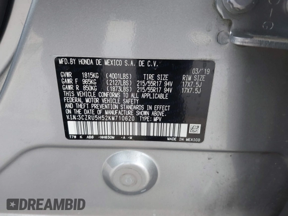 2019 Honda HR-V EX with VIN 3CZRU5H52KM710620, listed as a IAAI auction lot 41380796 with 50,683 mi miles. Bid and sale history available at carsss.com. Image 9.