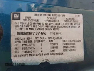 2001 GMC Safari with VIN 1GKDM19W61B514268, listed as a IAAI auction lot 41936185 with 159,881 mi miles and . Bid and sale history available at carsss.com. Image 9.