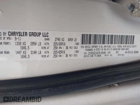 2012 Dodge Grand Caravan SXT with VIN 2C4RDGCG4CR145484, listed as a IAAI auction lot 42127663 with 278,872 mi miles and . Bid and sale history available at DreamBid. Image 9.