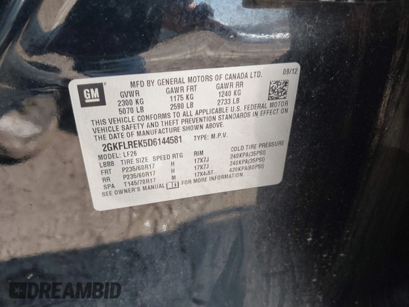 2013 GMC Terrain SLE with VIN 2GKFLREK5D6144581, listed as a IAAI auction lot 42454094 with 135,629 mi miles and . Bid and sale history available at DreamBid. Image 9.